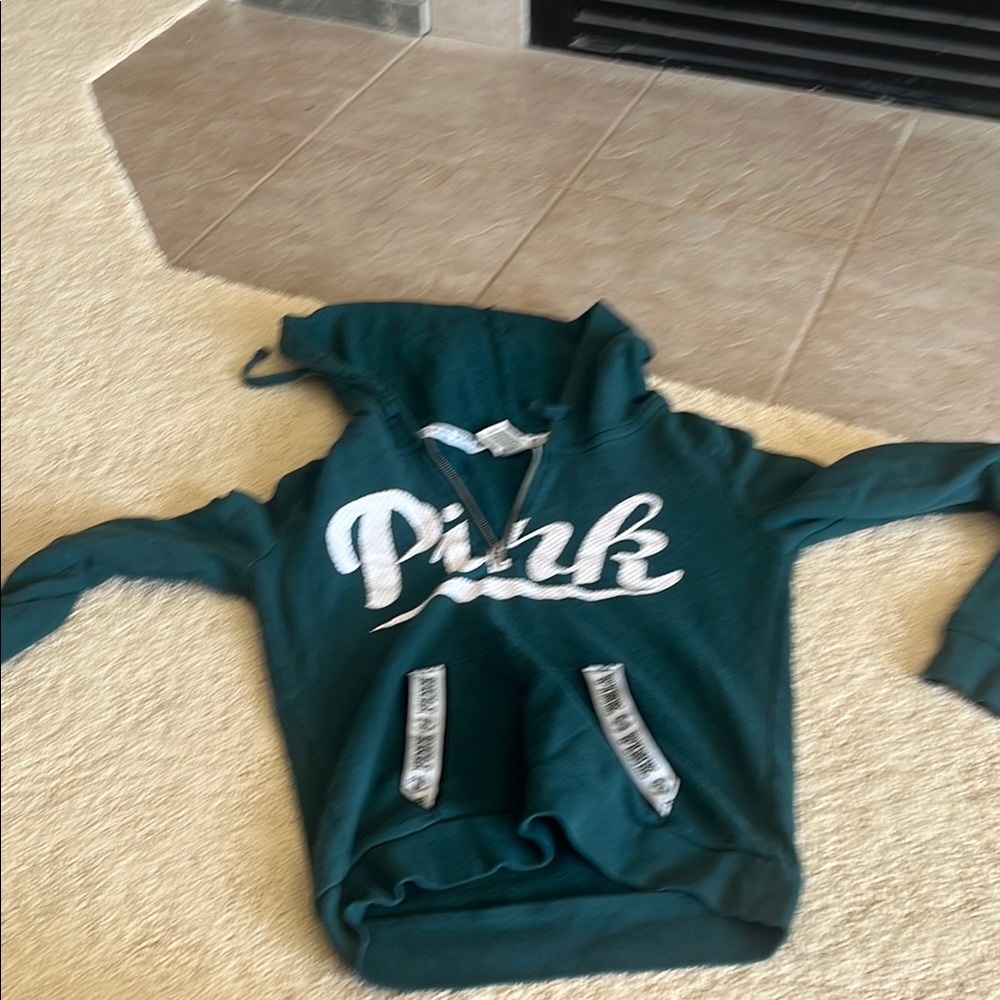 Pink Victorias Secret Green Jersey Zip Up Hoodie 🦚